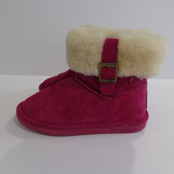 BEARPAW‎ Women's Abby Boots Classic Pom Berry Suede Slip On Size 6 - Picture 1 of 10